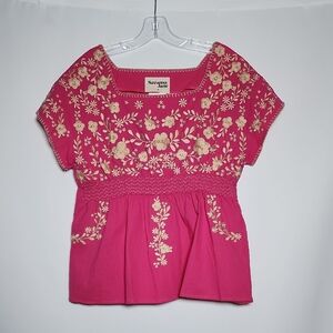 SAVANNA JANE Pink Floral Embroidered Peasant Top